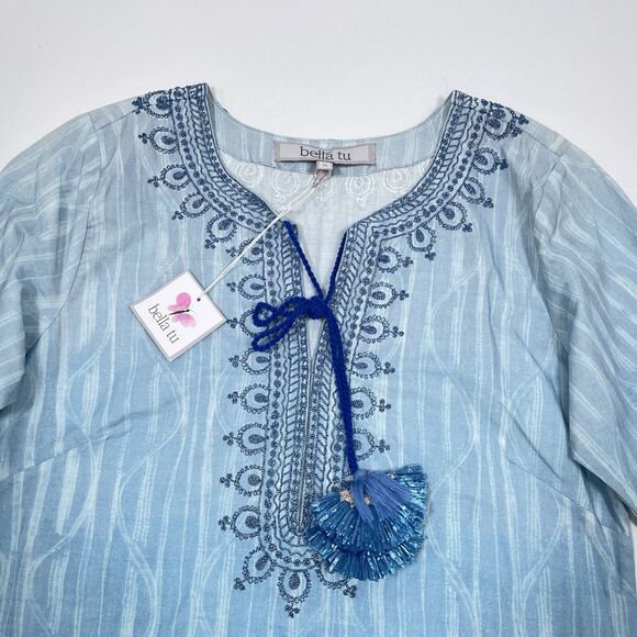 Bella Tu Dress Size Small Blue Tassels 3/4 Sleeves Resort Vacation Shift Coastal - Picture 3 of 9